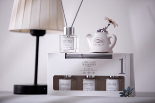 A trio of NO.1 white fragranced reed diffuser set. With a white porcelain tea pot holding fresh flowers to its right.