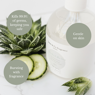 A hand sanitiser in the fragrance cucumber and aloe vera. The image has circle text with the following 'gentle on skin' 'Kills 99.9% of germs, keeping you safe. 'Bursting with fragrance'