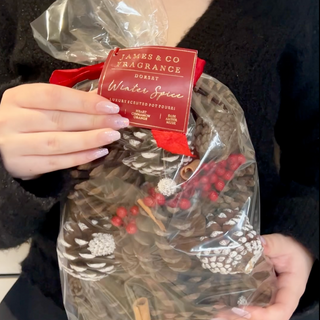 Influencer holding winter spice luxury potpourri - also known as christmas in a bag