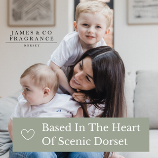 Our Founder, Tiffany, with her two children. Overlaid are the words 'Based In The Heart Of Scenic Dorset', alongside the James and Co Fragrance Logo.