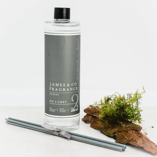Our vegan-friendly No. 2 Grey 200ml diffuser refill - warming leather, cologne and tobacco mingle with rainforest stories of patchouli, aged wood and gentle honey suckle