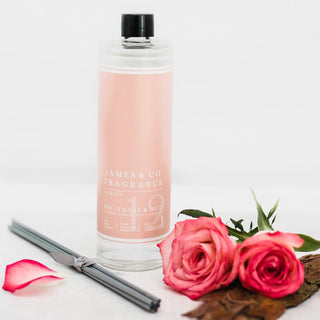 Our vegan-friendly No. 12 Rose & Oud 200ml diffuser refill - exotic woods, vetivert and English rose, delicately spiced with musk.
