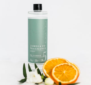 Our vegan-friendly No. 5 Green 200ml diffuser refill - orange blossom, tuber rose and gardenia, combined with citrus and lemon thyme.