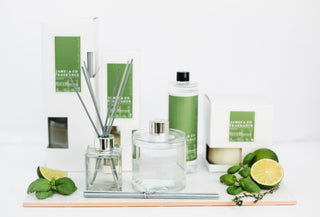 Our no.11 range sitting against a white background. Various products are in the shot including a diffuser oil, a reed diffuser and a candle.