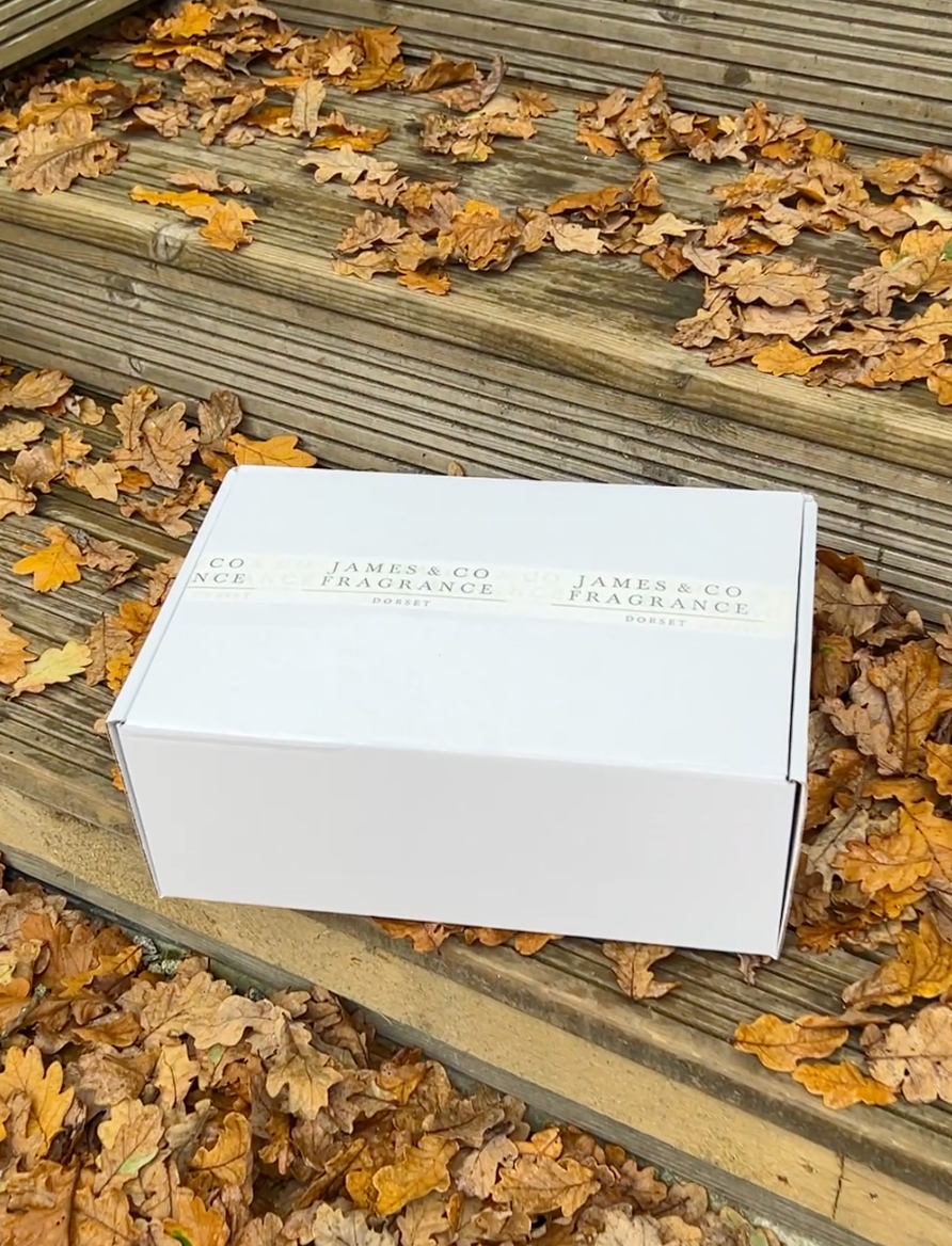 A white cardboard box with James and Co Fragrance tape, sitting on steps with fallen autumn leaves.
