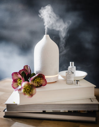 White diffuser emitting steam on a stack of books with flowers and small bottles in the background.