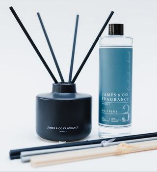 Reed diffuser set with black sticks and a bottle labeled 'James & Co Fragrance' on a light gray background