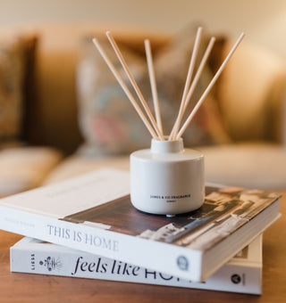 Diffuser with sticks on a stack of books in a cozy living room setting