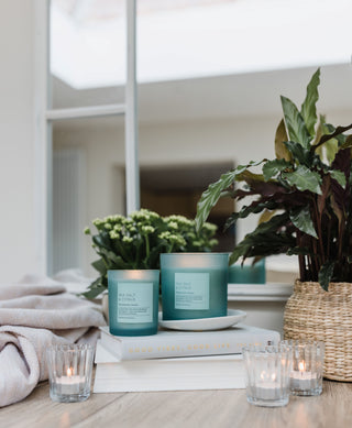 Candles with labels on a table with books and plants in the background