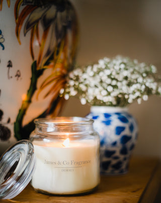 A lit glass jar candle, sitting near a flower pot and a decorative lamp.