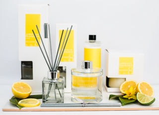 Decorative home fragrance items with lemon theme on a white background