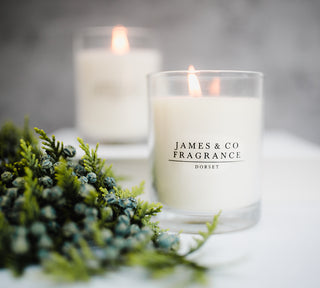 Two lit candles in glass containers with 'James & Co Fragrance Dorset' branding, surrounded by greenery on a neutral background.