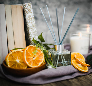 Diffuser with orange slices and books on a table