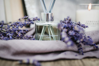 Diffuser with lavender flowers on a soft fabric background