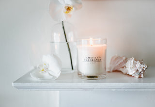 Candle with 'James & Co Fragrance' branding on a shelf with flowers and seashells.