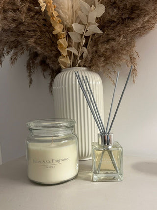 White candle next to a reed diffuser, with a plant in a vase in the background