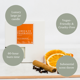 Our vegan-friendly No. 6 Orange 35-hour candle - sweet tangerine notes, infused with cinnamon and a dash of clove