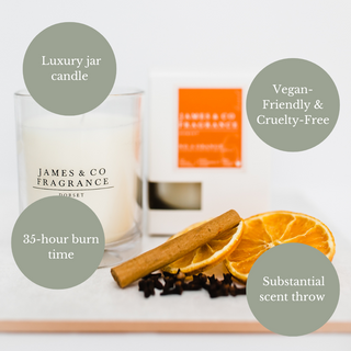 Our No. 6 Orange 35-hour candle sat with sweet tangerine slices, cinnamon sticks, and a handful of cloves